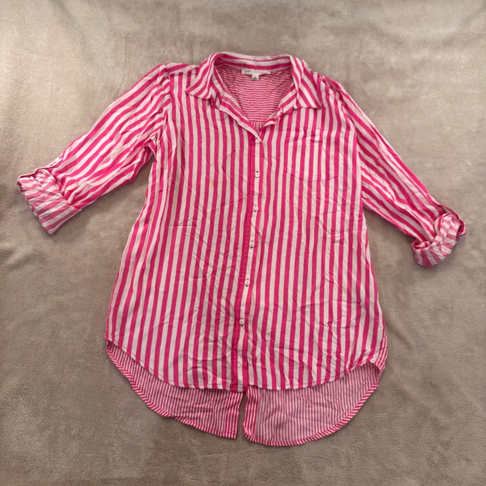 Coastal Preppy Stripe Button Front‎ Tunic Pink Shirt Beach Resort Sz S - Picture 2 of 9